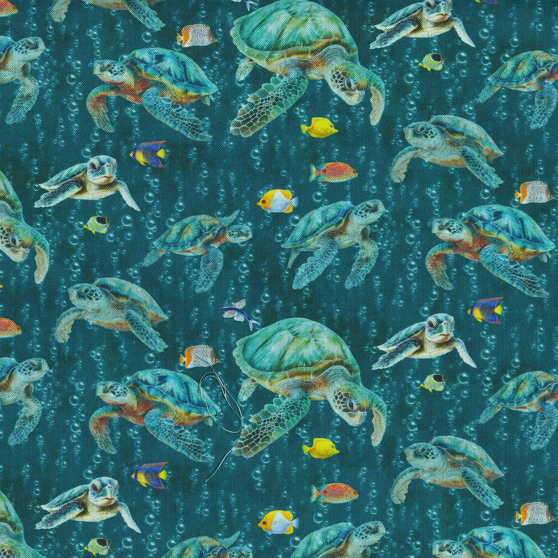 Under the Sea:  Turtles Swimming on Dark Teal