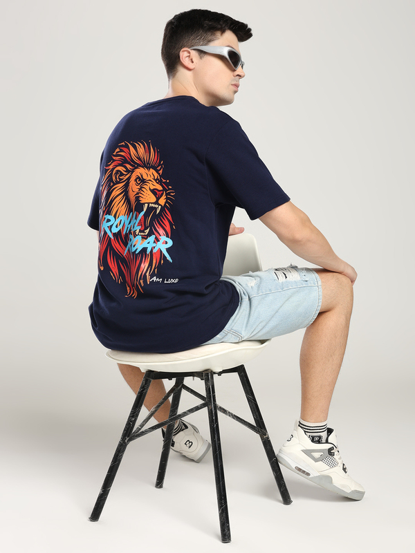 Men’s Navy Blue T-Shirt with Roaring Lion Back Print – Power Meets Style (Relaxed)