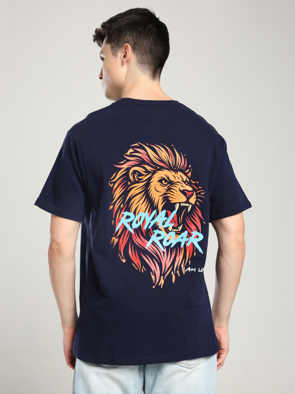 Men’s Navy Blue T-Shirt with Roaring Lion Back Print – Power Meets Style