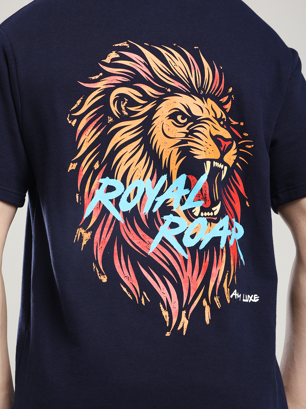 Men’s Navy Blue T-Shirt with Roaring Lion Back Print – Power Meets Style (Relaxed)