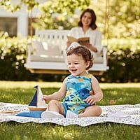 Dungaree Romper (Kids' Ocean Wave Print) 4-5 Years Dungaree Romper (Kids' Ocean Wave Print) 4-5 Years