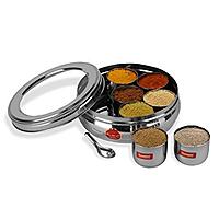 Sumeet Stainless Steel Belly Shape Masala (Spice) Box/Dabba/Organiser With See Through Lid With 7 Containers And Small Spoon (Small)