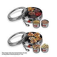 Sumeet Stainless Steel Belly Shape Masala (Spice) Box/Dabba/Organiser With See Through Lid With 7 Containers And Small Spoon (Small)