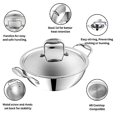 Vinod Platinum Triply Stainless Steel Extra Deep Kadai with Lid - 3.7 L Vinod Platinum Triply Stainless Steel Extra Deep Kadai with Lid - 3.7 L