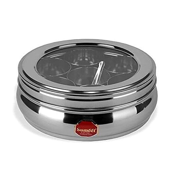 Sumeet Stainless Steel Belly Shape Masala (Spice) Box/Dabba/Organiser With See Through Lid With 7 Containers And Small Spoon (Small)
