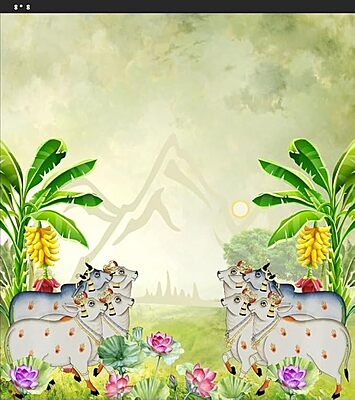 Sun Theme with Cow Banana Tree for All House Hold Functions/Ceremonies Banana Leaf with Cow Design Design (Crush Fabric 8 feet Height * 5 feet Width)