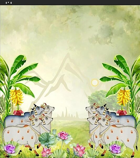 Sun Theme with Cow Banana Tree for All House Hold Functions/Ceremonies Banana Leaf with Cow Design Design (Crush Fabric 8 feet Height * 5 feet Width)