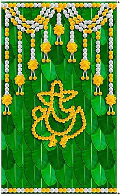 Backdrop Cloth for Fuctions Aritaku Banana Leaf with Orange Yellow Flower Decoration Cloth for All Functions and Photography (8X5) (White Ganesh)