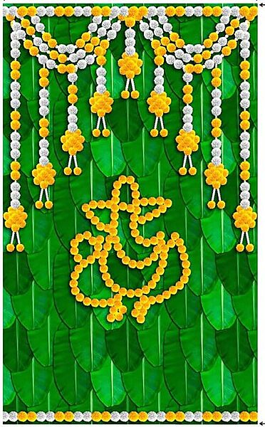 Backdrop Cloth for Fuctions Aritaku Banana Leaf with Orange Yellow Flower Decoration Cloth for All Functions and Photography (8X5) (White Ganesh)