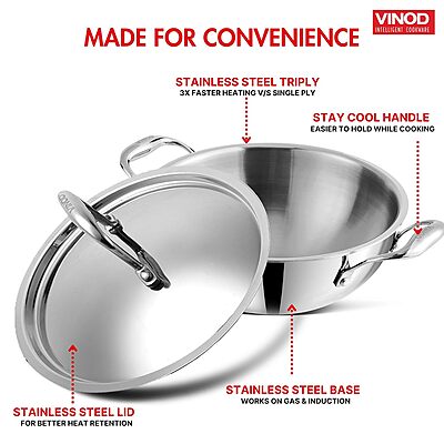 Vinod Platinum Triply Stainless Steel Extra Deep Kadai with Lid - 3.7 L Vinod Platinum Triply Stainless Steel Extra Deep Kadai with Lid - 3.7 L