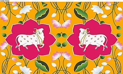 Two Cow with Yellow Flower Design Backdrop Cloth for Pooja Decoration Traditional/Background Curtain Cloth for Pooja/Festival Fabric-Polyster Taiwan Fabric Size 5 Height and 8 Width(5 * 8)