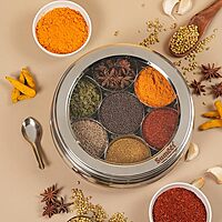 Sumeet Stainless Steel Belly Shape Masala (Spice) Box/Dabba/Organiser With See Through Lid With 7 Containers And Small Spoon (Small)