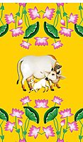 Kamdhenu Cow with Calf Design Backdrop for Pooja Decoration Traditional/Background Curtain Cloth for Festival Size 8 Feet Height and 5 Feet Width(8 * 5)
