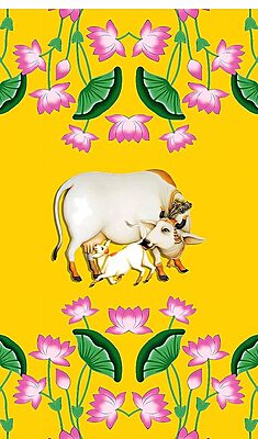 Kamdhenu Cow with Calf Design Backdrop for Pooja Decoration Traditional/Background Curtain Cloth for Festival Size 8 Feet Height and 5 Feet Width(8 * 5)