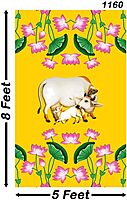 Kamdhenu Cow with Calf Design Backdrop for Pooja Decoration Traditional/Background Curtain Cloth for Festival Size 8 Feet Height and 5 Feet Width(8 * 5)