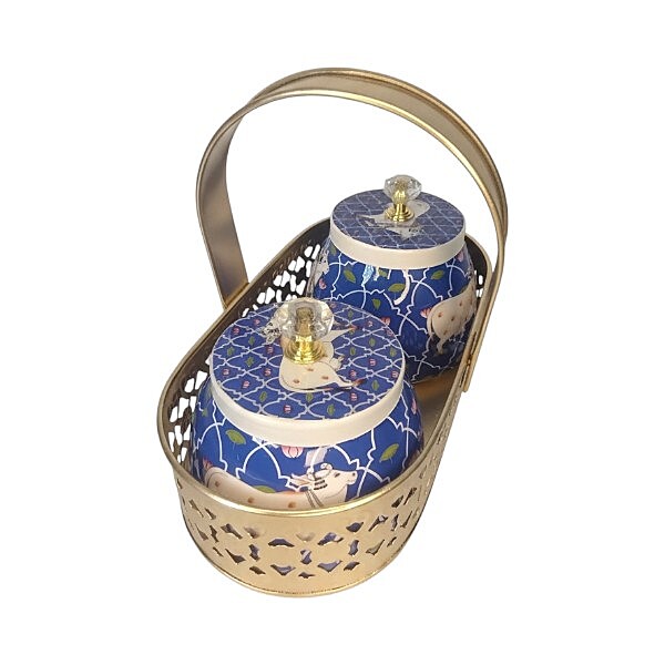 Gold Color oval Metal basket with two matching jars