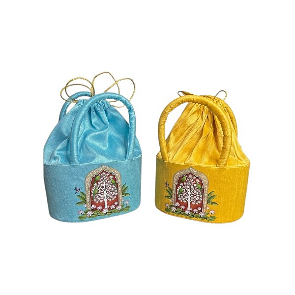 Raw silk digital Potli bag (Lotus with Parrot)