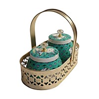 Gold Color oval Metal basket with two matching jars