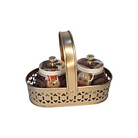 Gold Color oval Metal basket with two matching jars